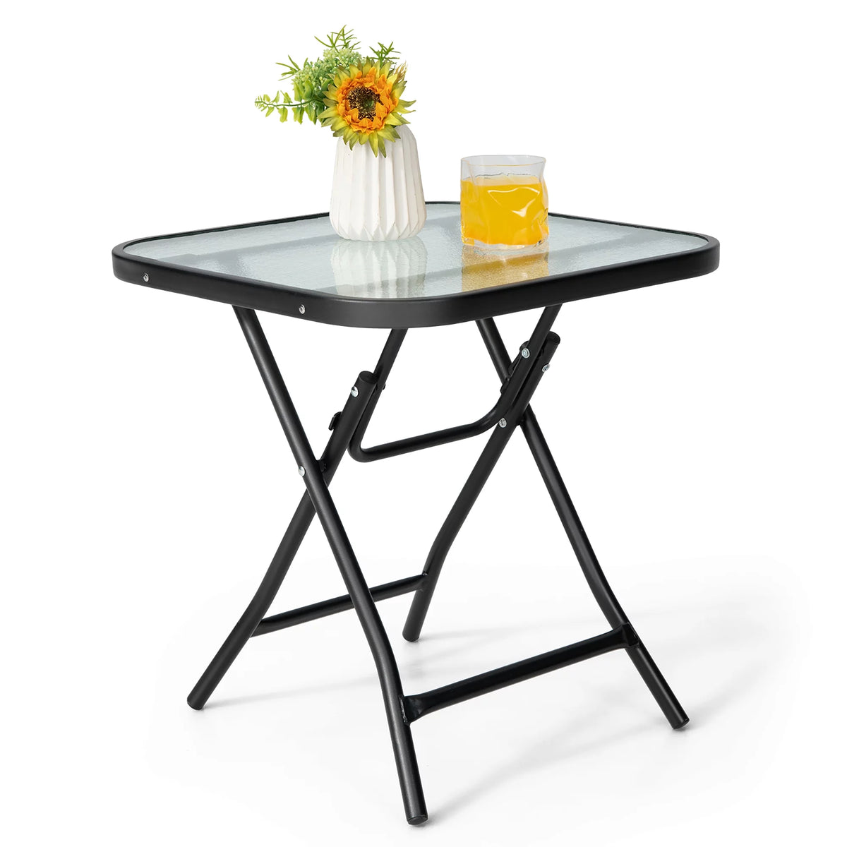 18'' Foldable Square Patio Side Table with Tempered Glass Top L7413