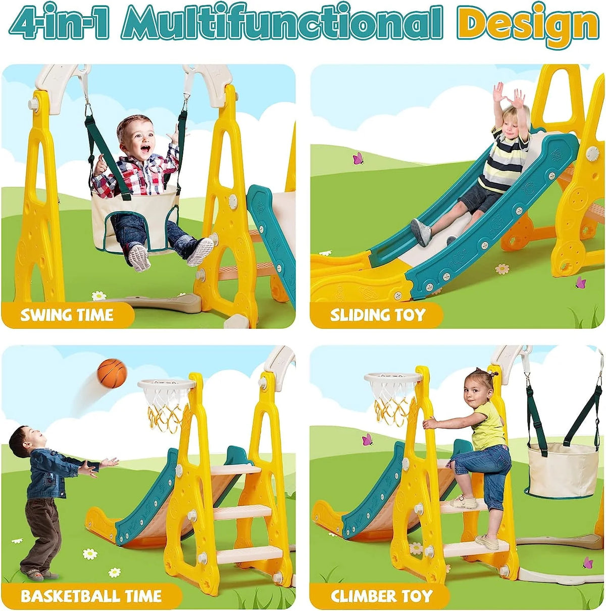 4 in 1 Toddler Swing and Slide Playset with Climber and Basketball Hoop O29259