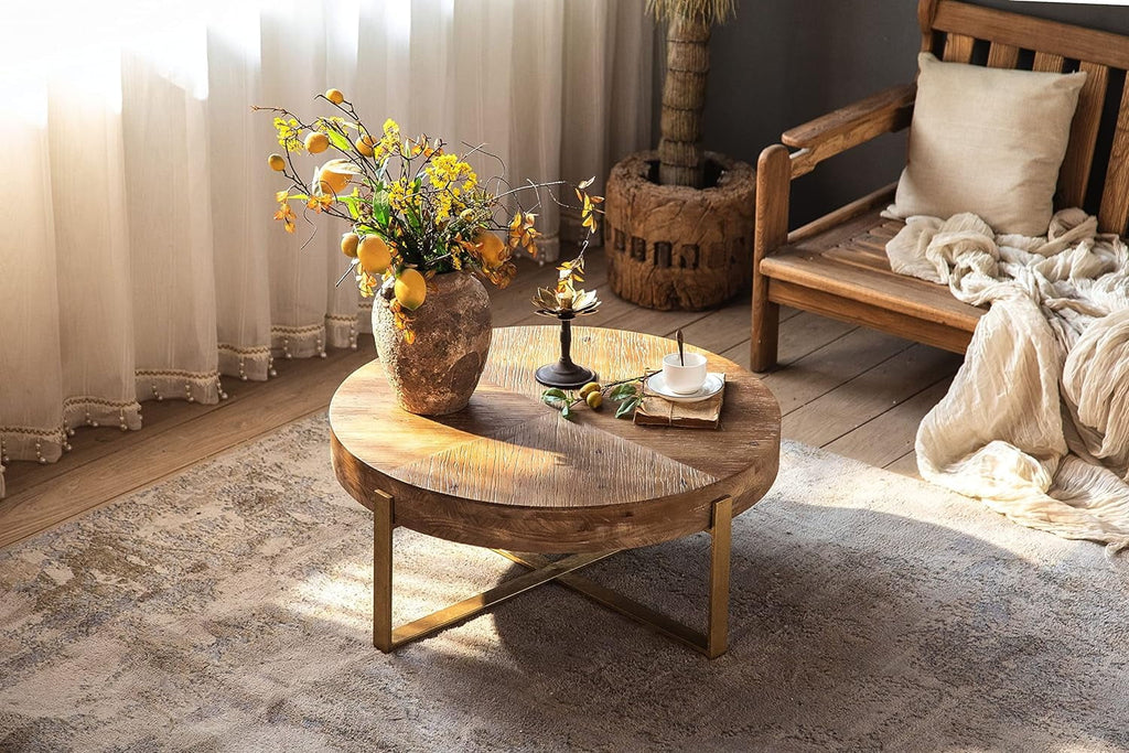 Round Wood Coffee Table with Gold Metal Legs C667