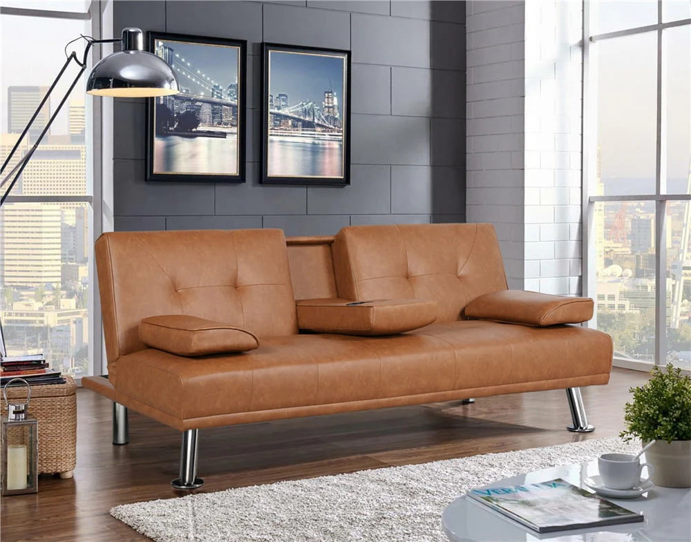 Gray Faux Leather Futon with Cupholders and Pillows V598632
