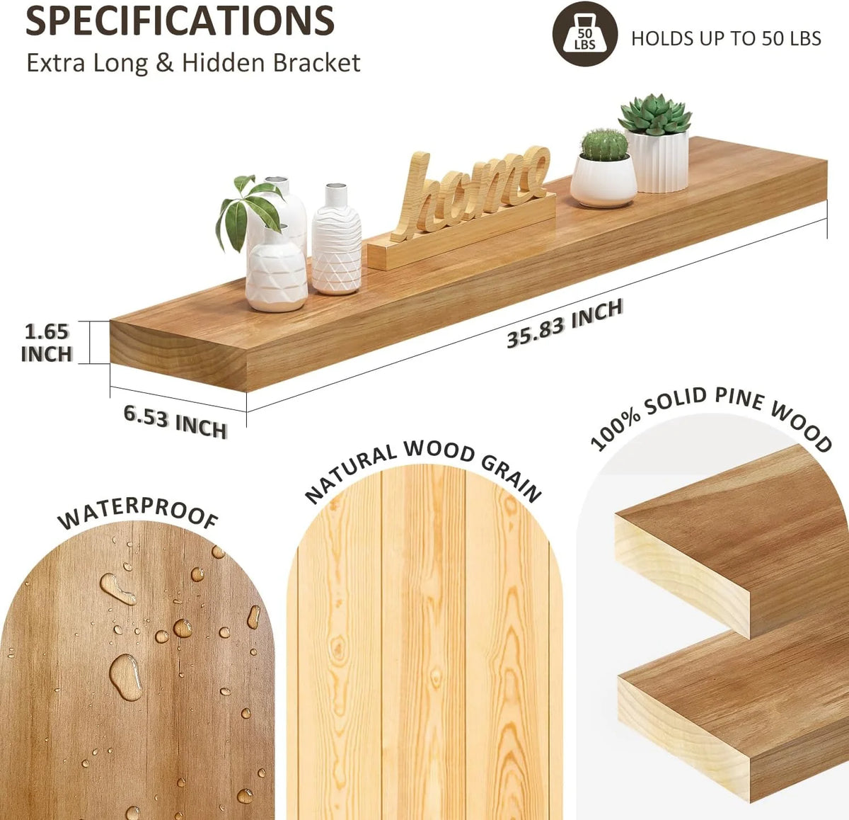 36 Inch Natural Wood Floating Shelves Set of 2 V3028