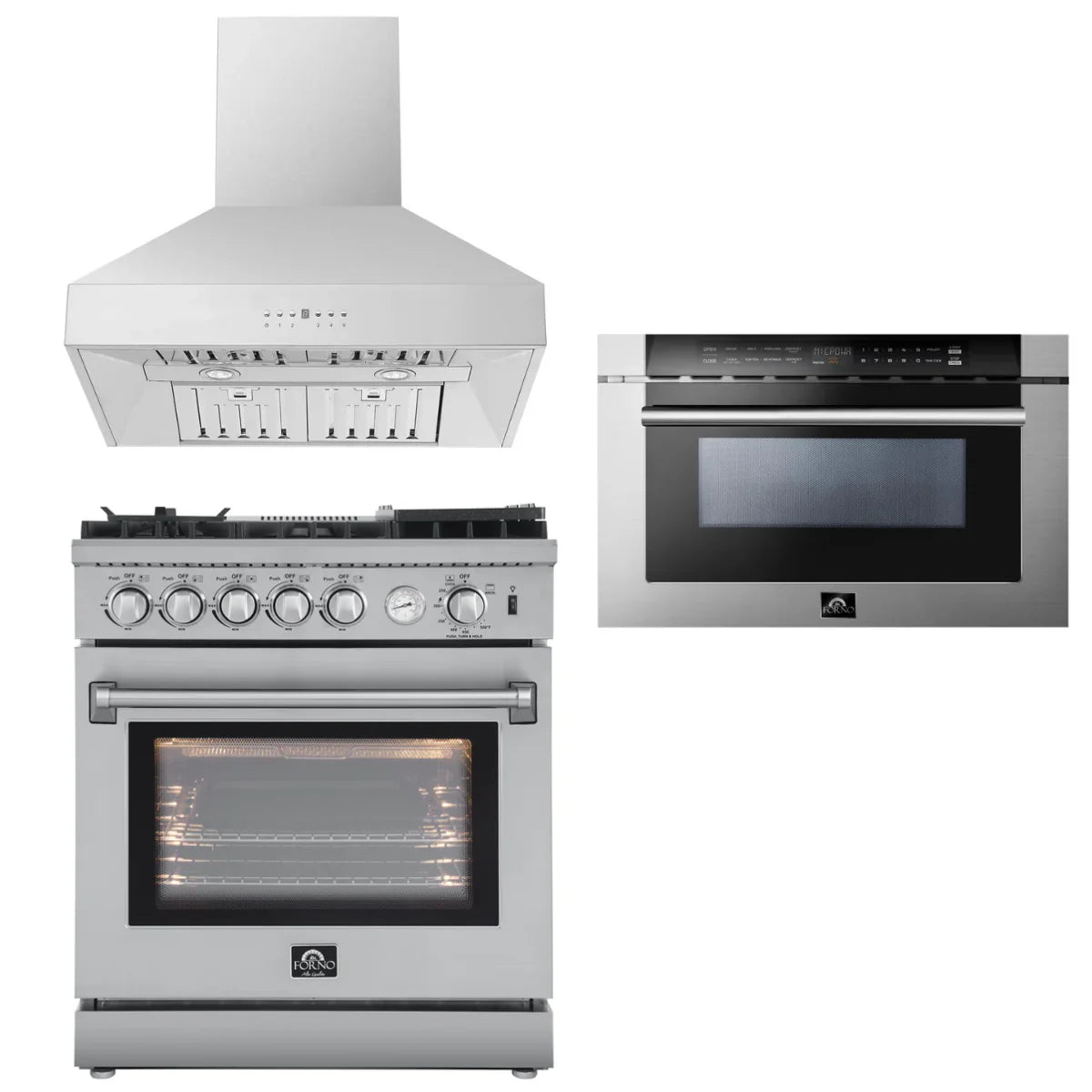 30 Gas Range, Range Hood, Microwave Drawer U5144