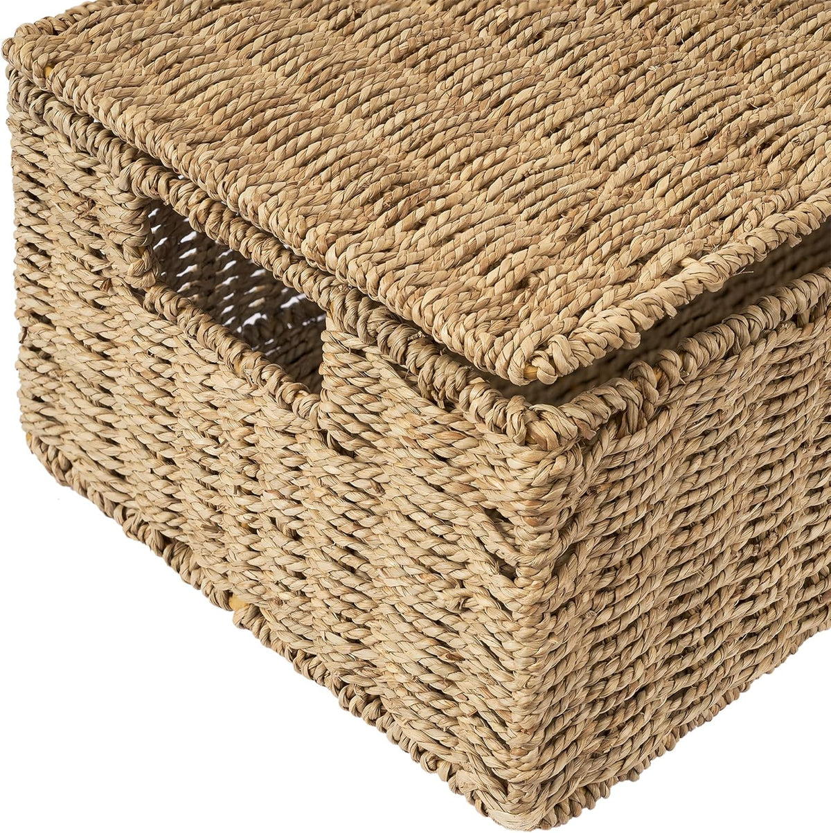 Wicker Storage Basket Set of 3 Woven Seagrass Baskets with Lid and Handle, Large Rectangular Natural Nesting Storage Bins G983493