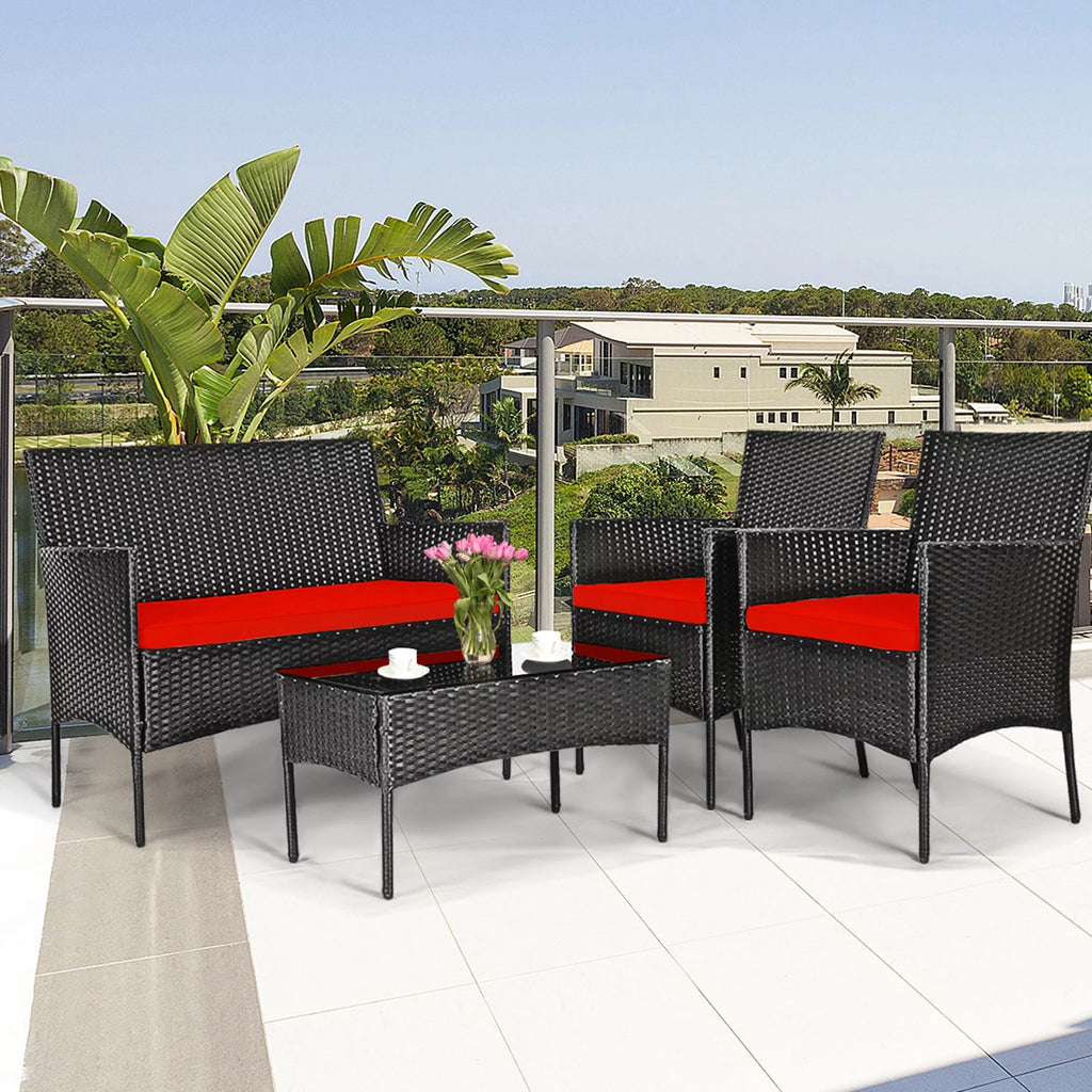 4 Pcs Outdoor Rattan Furniture Set with Turquoise Cushion A86563