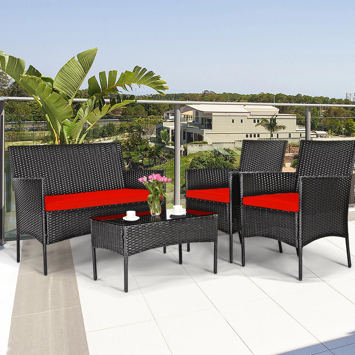 4 Pcs Outdoor Rattan Furniture Set with Turquoise Cushion A86563