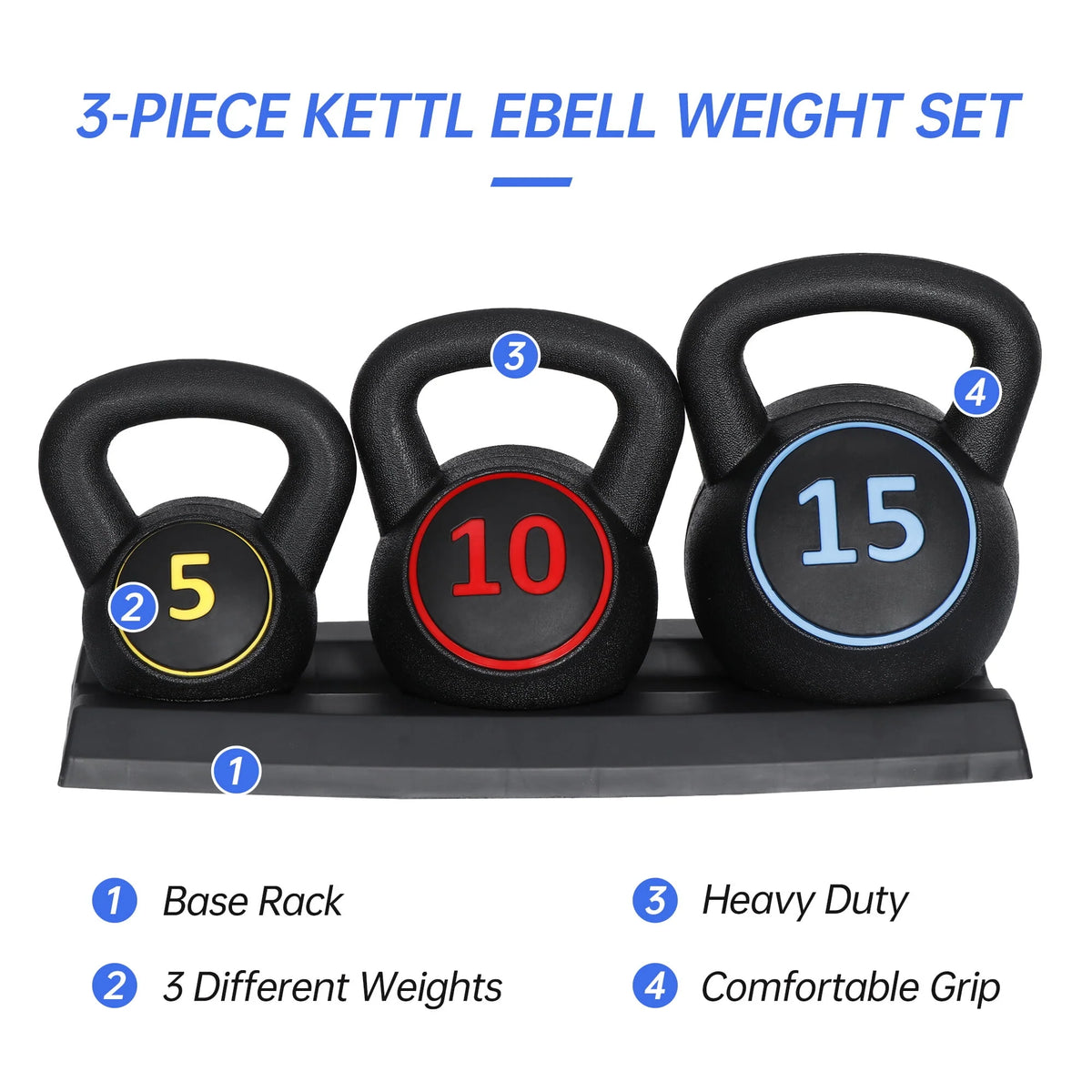 3 Piece 5lb 10lb 15lb Kettlebell Set with Storage Rack V8163