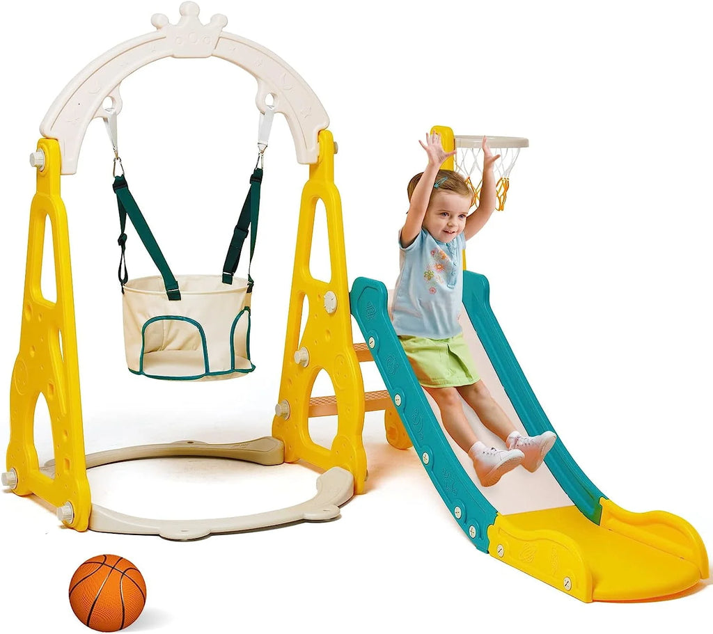 4 in 1 Toddler Swing and Slide Playset with Climber and Basketball Hoop O29259