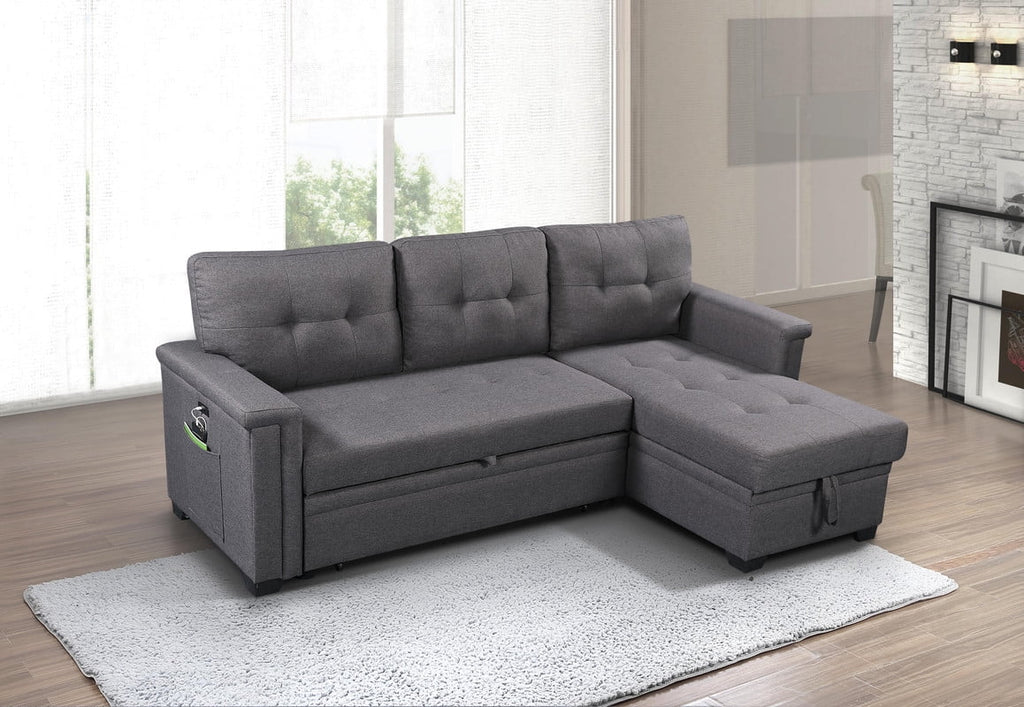 Dark Gray Reversible Sleeper Sectional Sofa with Storage Chaise H606