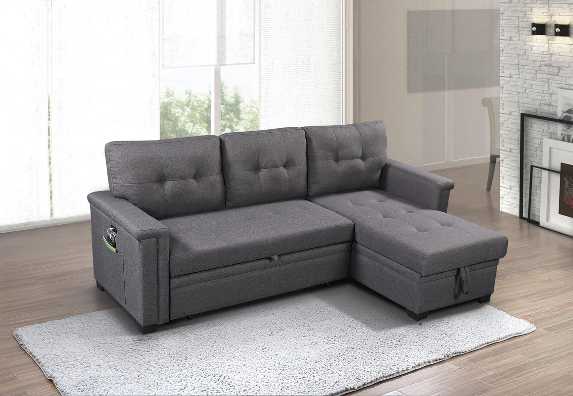 Dark Gray Reversible Sleeper Sectional Sofa with Storage Chaise H606