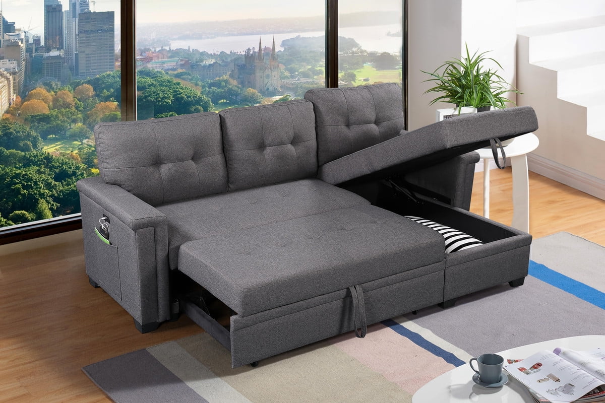 Dark Gray Reversible Sleeper Sectional Sofa with Storage Chaise H606