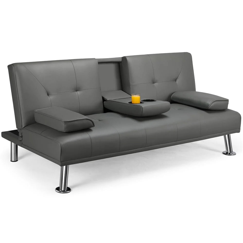 Gray Faux Leather Futon with Cupholders and Pillows V598632
