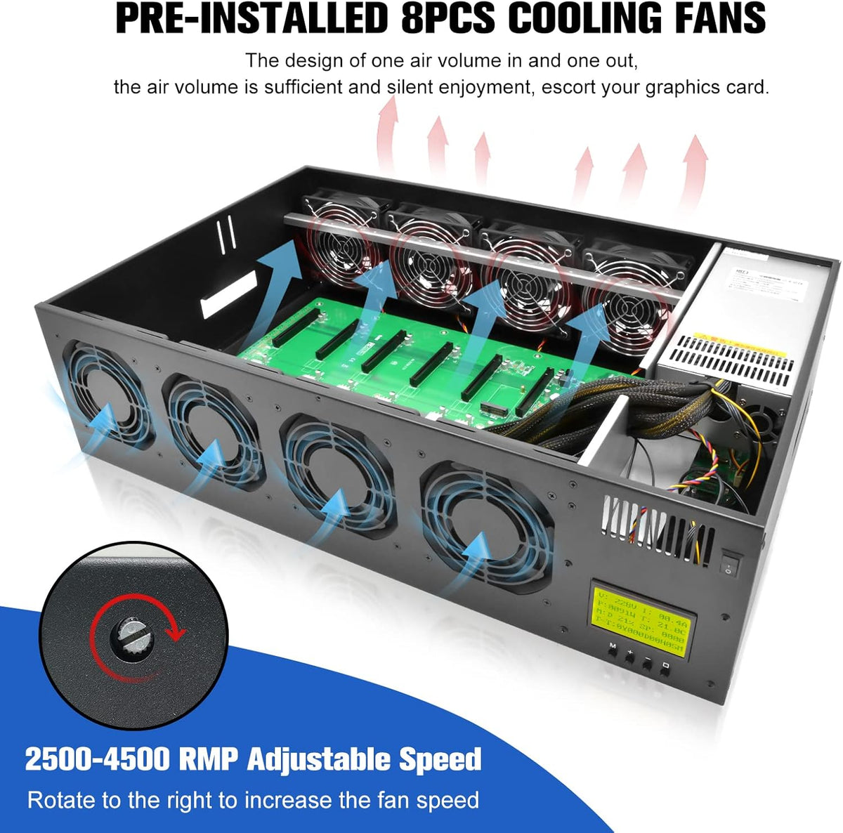 8 GPU Mining Rig Frame Case with Display Screen, 2500W Power Supply, Motherboard, CPU, RAM, SSD, 8 Adjustable Speed Fans K646432